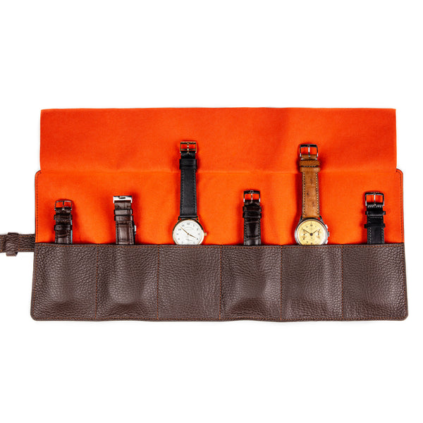 Monochrom - Leder-Uhrenrolle - Dunkelbraun & Orange